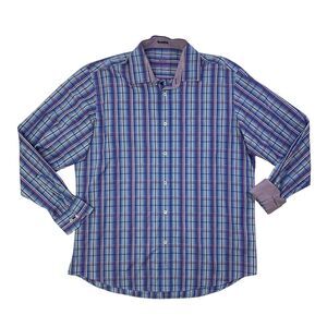 Bugatchi Uomo Shirt Mens XL Extra Large Multi Plaid Classic Fit Cotton Flip Cuff